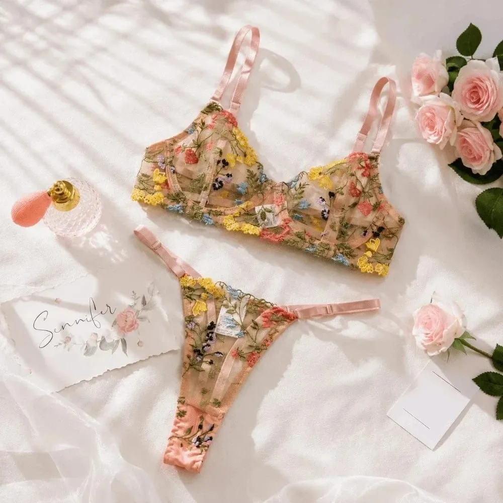 Versatile Transparent Lingerie Set Ultra-thin Elegant Embroidery Floral Underwear Push Up Panties Bra Set Women
