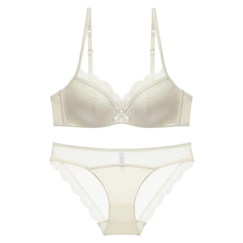 Conjunto de sutiã e cuecas de cetim fino e suave, feminino, verão, decoração de renda sólida, lingerie anti flacidez, sutiã doce, roupa íntima, terno Нижнее Белье