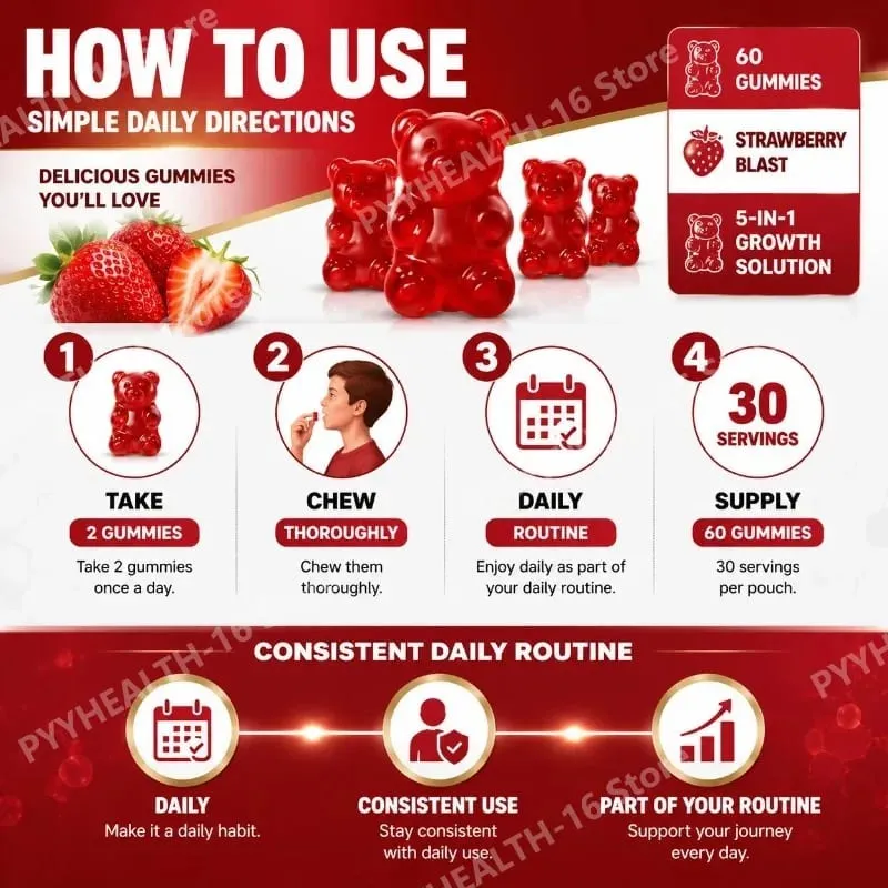 Googeer 5 em 1 solução de crescimento gomas para desenvolvimento ósseo e suporte de altura vitamina D3 K2 cálcio morango explosão 60 gomas
