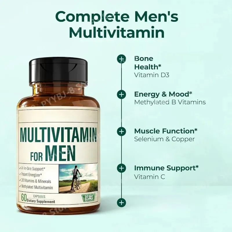Cápsula multivitamínica para homens, suporte para saúde imunológica, contém vitaminas metiladas e minerais quelados, fornece energia corporal 60 contagens