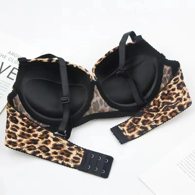 Sexy conjunto de lingerie grossa leopardo impressão superior fino inferior grosso conjunto de sutiã sexy push-up conjunto de sutiã