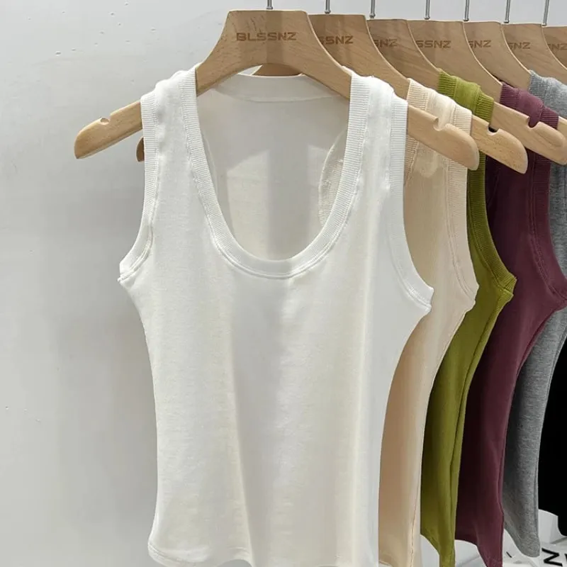 2026 verão básico elástico tanque superior feminino sólido baixo em torno do pescoço com nervuras camisola estilo coreano versátil magro tanques & camis