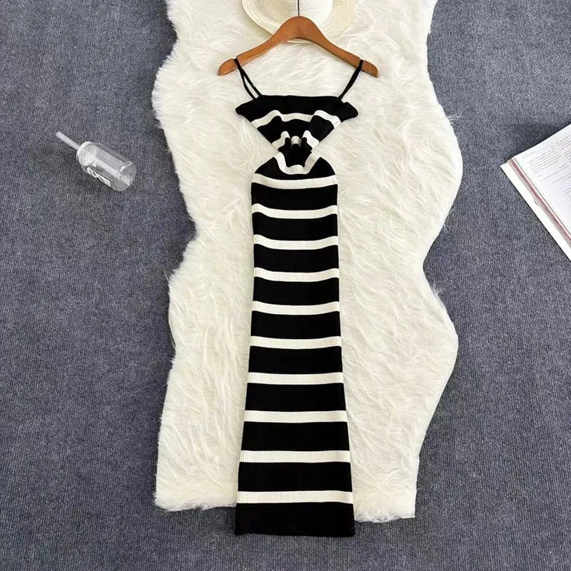 Summer Stripe Elastic Bodycon Strap Dress 2024 Sexy Beach Sundress Women Casual Slim Pencil Vestidos Maxi Long Dress