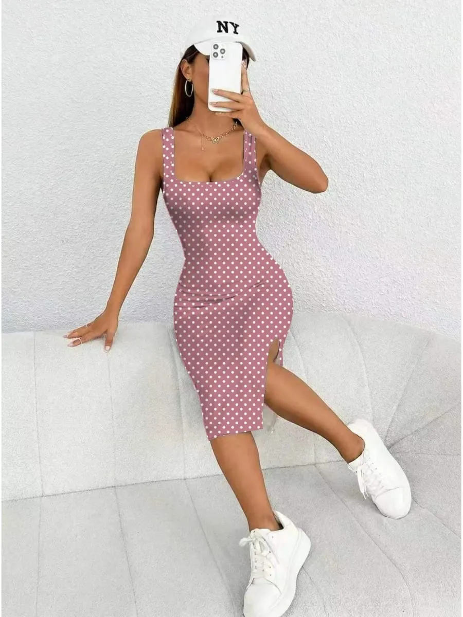 Vestido feminino casual elegante com alça grossa, gola quadrada, sem mangas, estampa de bolinhas, saia de comprimento médio — image 3