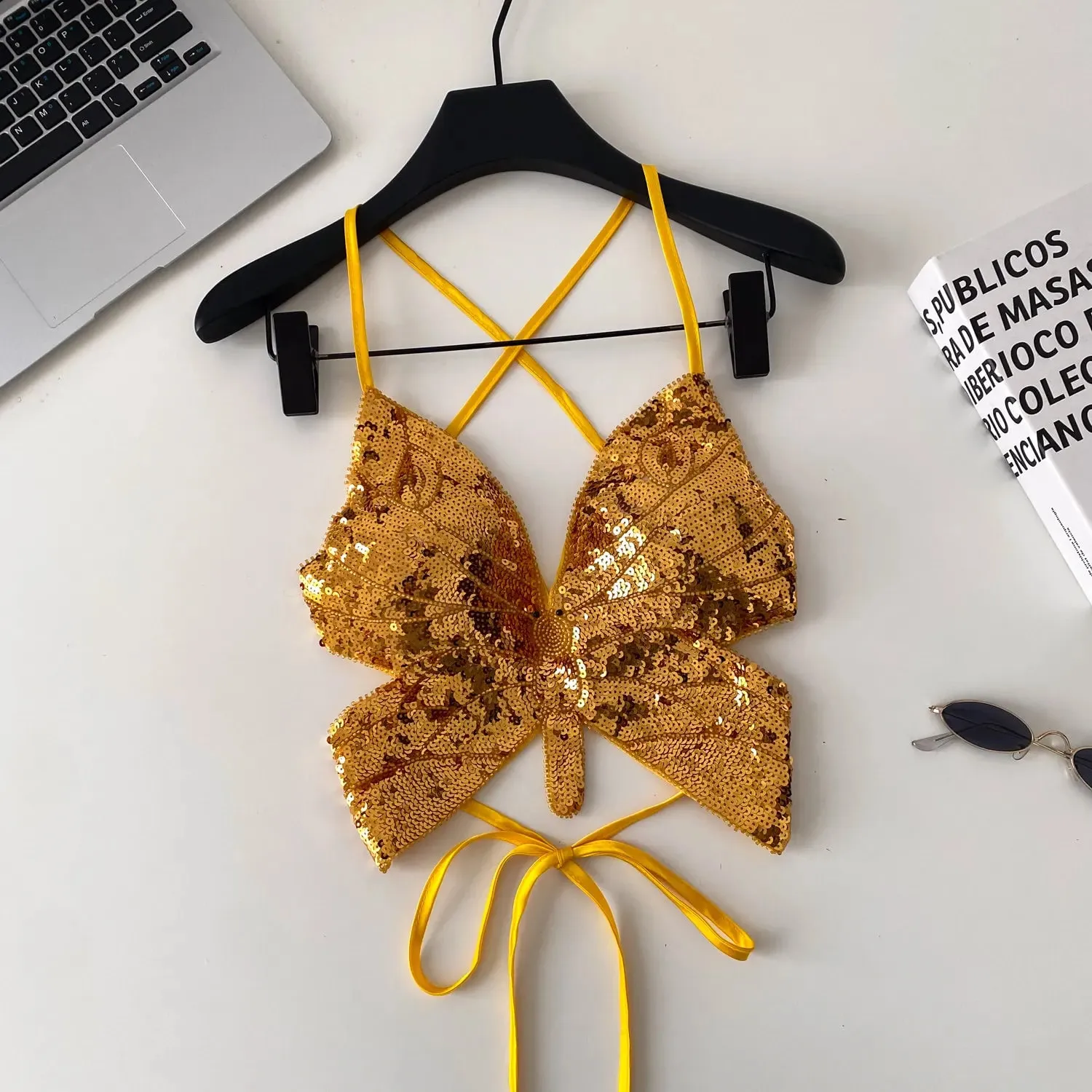 Chique cruzado sem costas lantejoulas arco camis cinta de espaguete regata sexy moda y2k quente menina verão colheita topo
