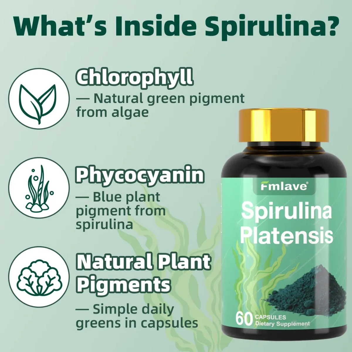 Fmlave Supplements Spirulina Orgânica - Suplemento de superalimento de algas verdes azuis rico em proteínas para energia e suporte imunológico 60 cápsulas vegetarianas