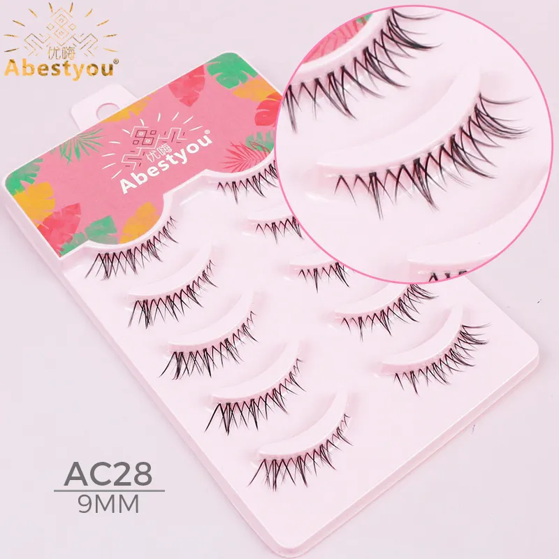 Abestyou 3d curto 9mm falso cils pequeno fino luz olho de gato camélia alado chicote transparente listra clara vison cílios inferiores
