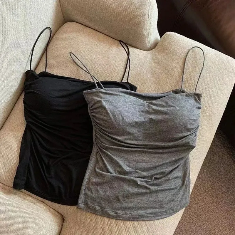 New-Sexy Solid Pleated Tank Camisole Women's Summer Spaghetti Strap Sleeveless Tops