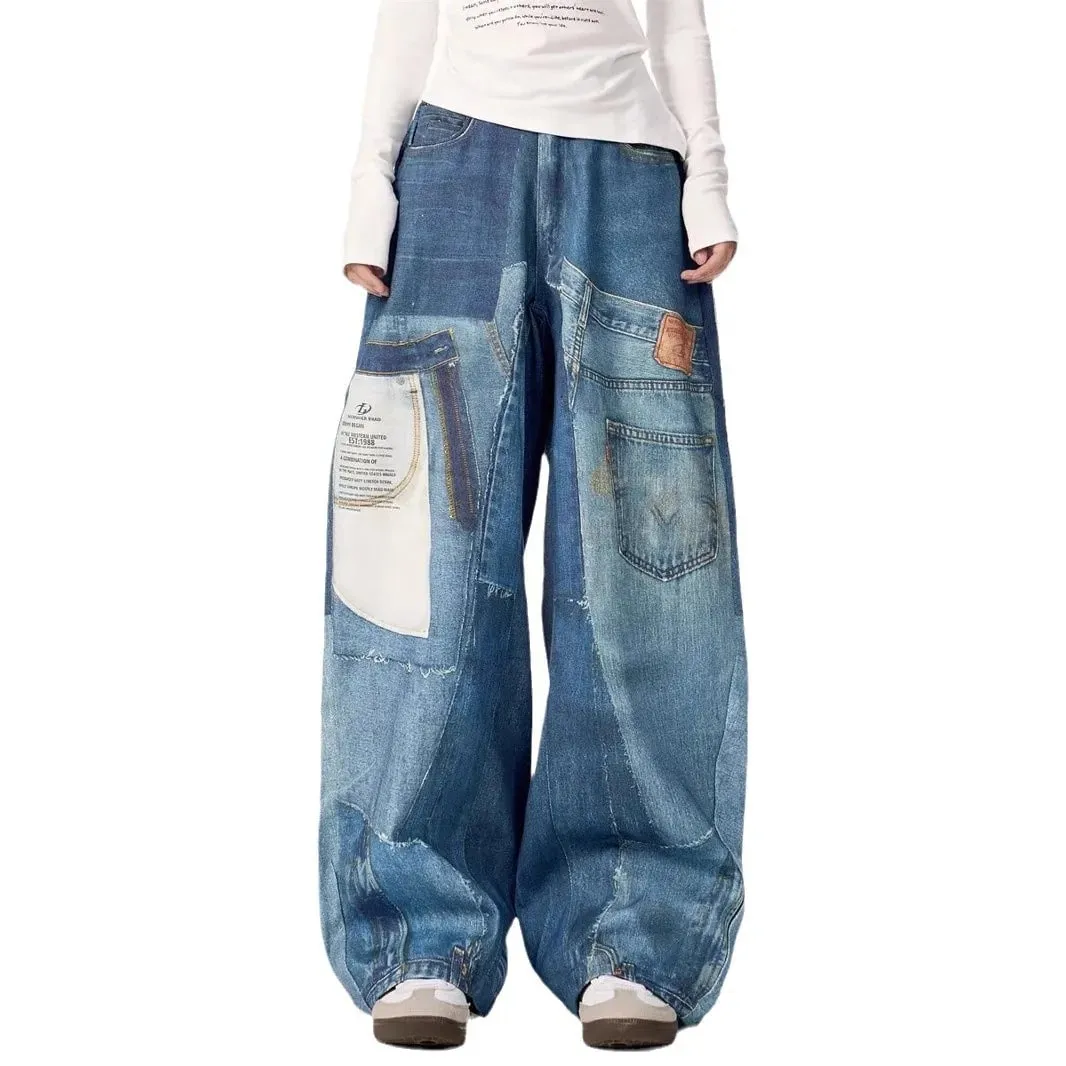 2025 American High Street Retro Design Patch Splicing Printed Jeans Men's and Women's Loose Straight Wide-leg Trousers