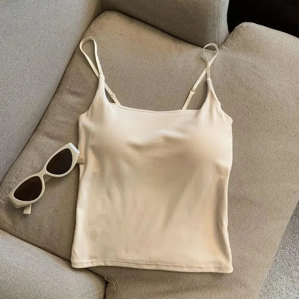 Básico sólido camis casual sem mangas cinta de espaguete colheita topo quadrado pescoço regatas com sutiã embutido y2k roupas femininas verão — image 10