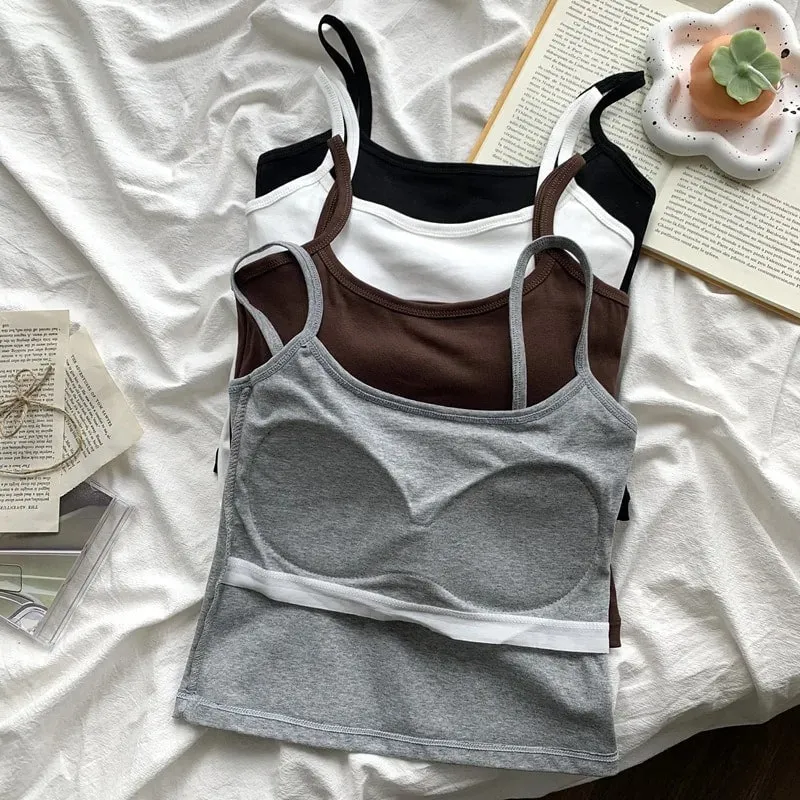 1PC Women's Solid Color Spaghetti Straps Sleeveless Slim Camisole With Chest Pad