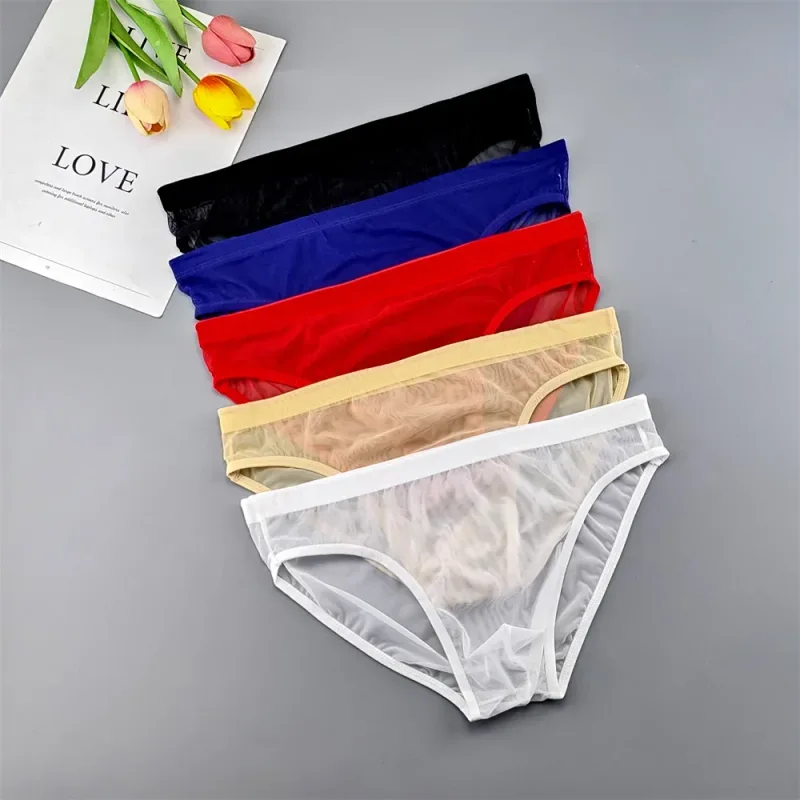 5 pçs roupa interior de malha transparente para homem perspectiva ultra-fina mid-rise masculino bolsa desliza calcinha homme plus size