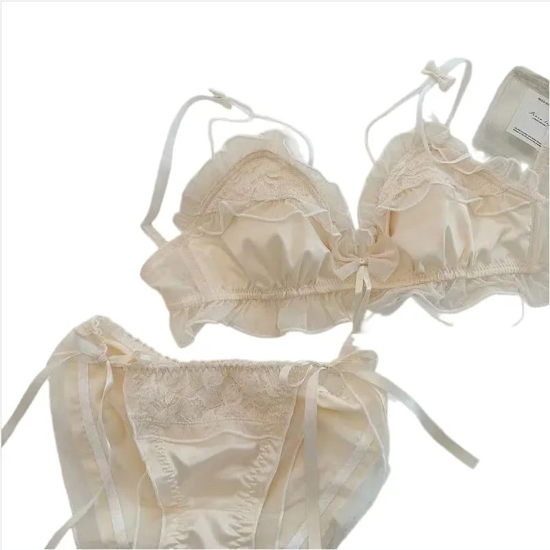 Sexy sutiã de renda fino respirável seios pequenos reunidos anti-flacidez confortável não-aço anel gravata borboleta meninas conjunto de roupa interior — image 4
