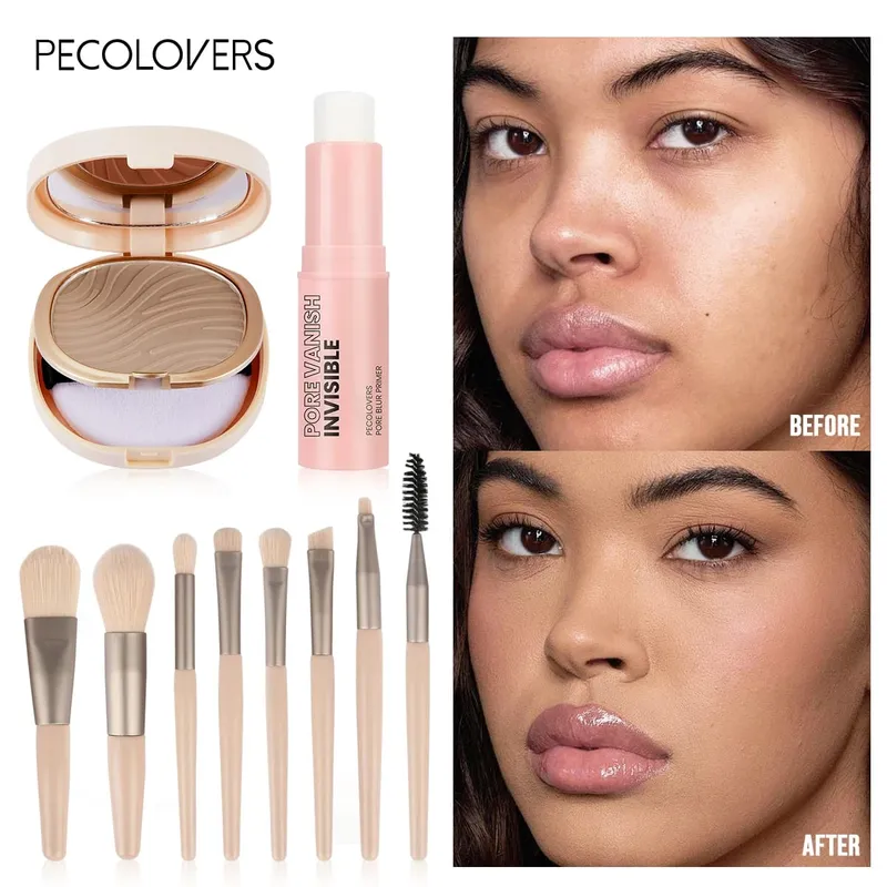 Kit de maquiagem base multifuncional, 10 peças, minimizador de poros, primer, pó fosco e 8 peças, conjunto de pincéis de maquiagem profissional