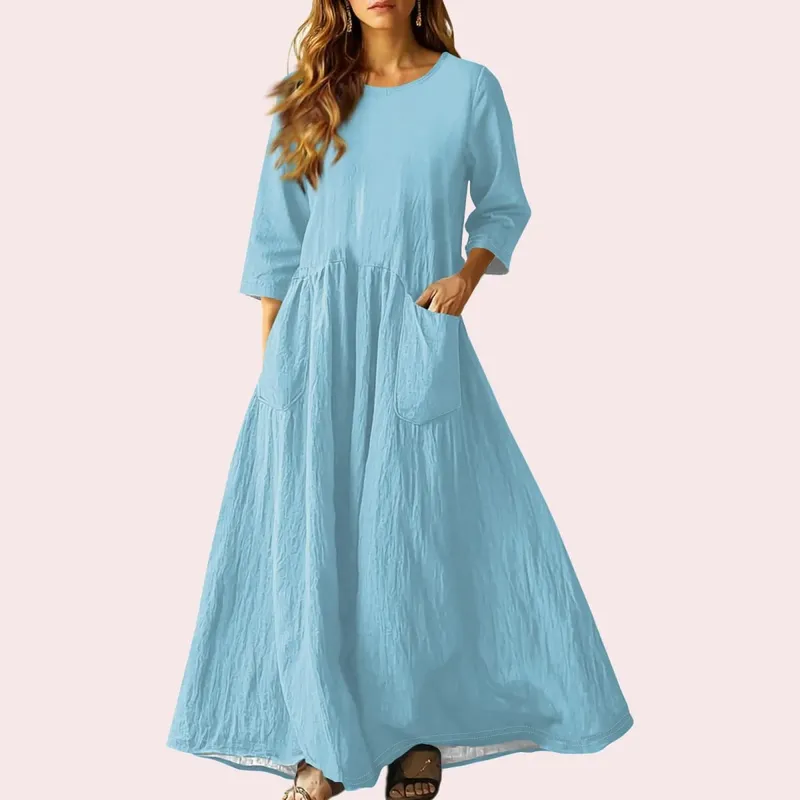 Women's Summer Loose Long Dresses Solid Color Three-quarter Sleeve Double Pocket Dress Loose Round Neck Linen Dress Vestidos — image 10