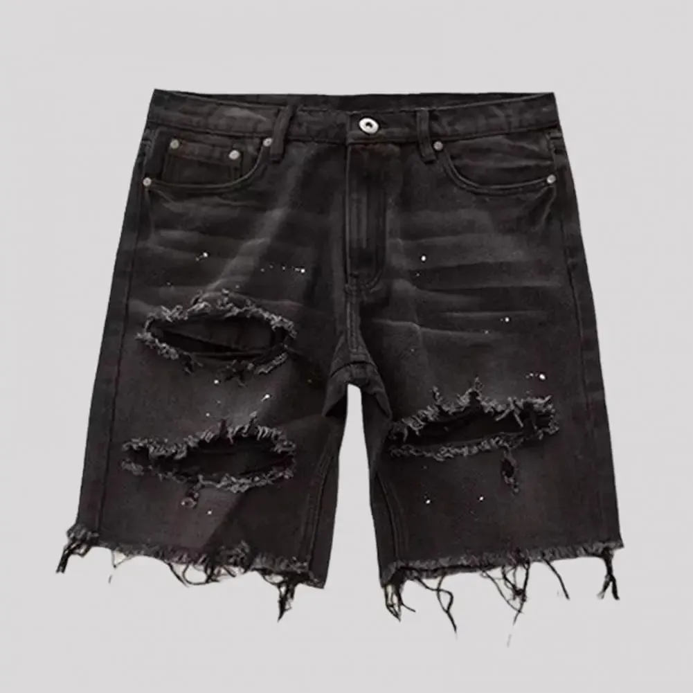 Homens verão angustiado denim shorts botão zíper voar multi bolsos jeans curtos ajuste reto rasgado buracos na altura do joelho angustiado — image 2