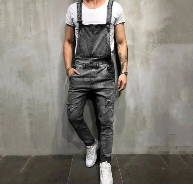Men Jeans Jumpsuits Denim Overalls Distressed Pockets One Piece Pencil Pants Solid Washed Ankle Length Safari Style Spliced