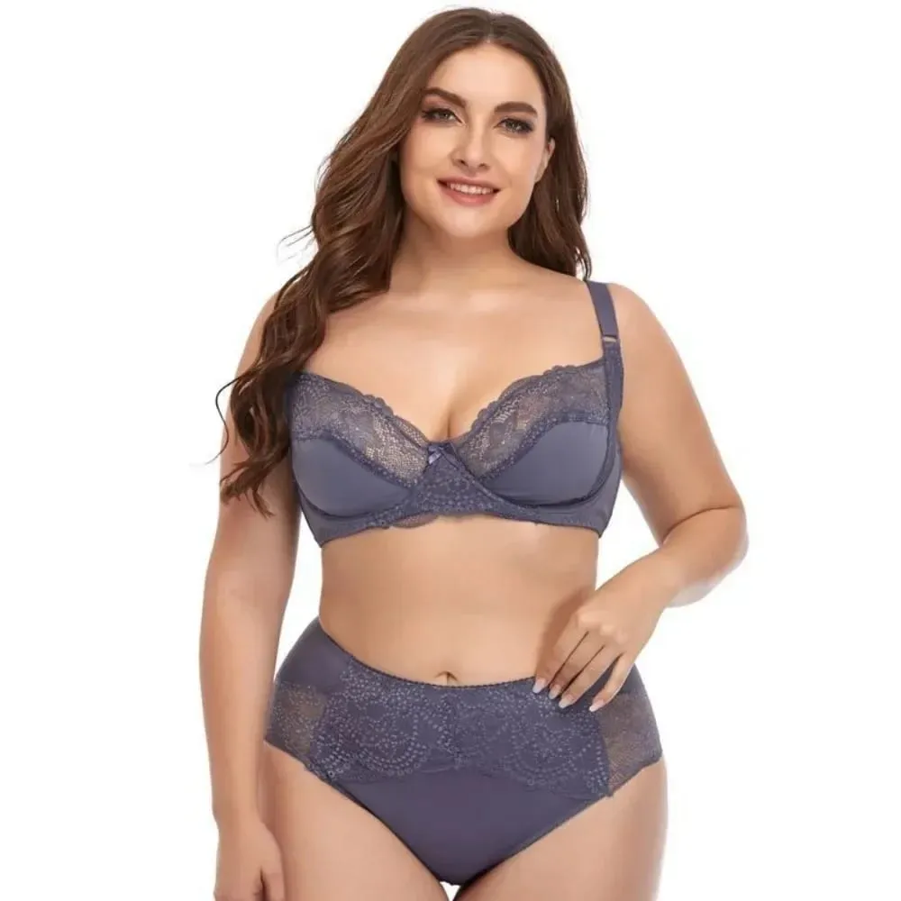 Conjunto de sutiã de renda leve com armação para mulheres plus size, lingerie de copo fino com calcinha, elevador confortável, uso diário