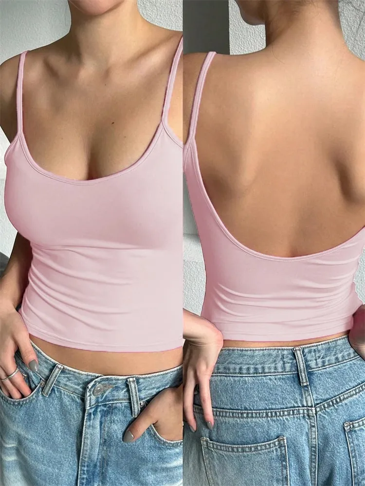 Mulheres sem costas cami colheita topo verão cor sólida casual sem mangas topo streetwear y2k roupas — image 11