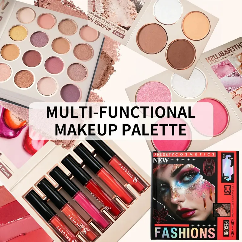 Kit de livro de maquiagem multifuncional multipáginas, sombra, blush, iluminador, pó de sobrancelha e brilho labial, paleta cosmética