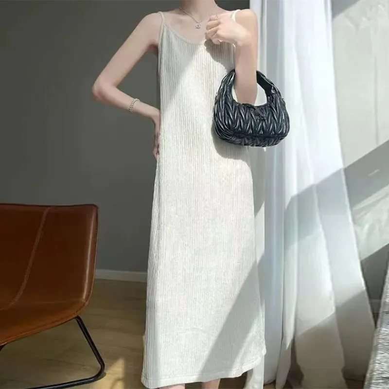 Mulheres vestido de alça espaguete 2026 verão cor sólida solto longo praia vestido de verão lasy elegante sem mangas festa à noite midi vestidos