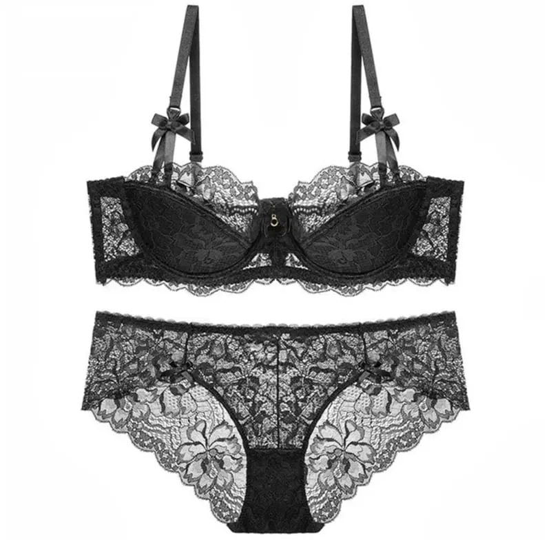 Conjunto de lingerie com alça ajustável para mulheres, 2 peças de sutiã e calcinha de renda floral