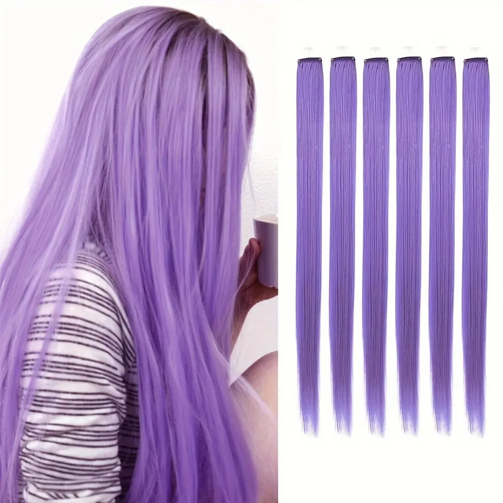 6 unidades/pacote colorido festa destaques clipe em extensões de cabelo 22 polegadas multi-cores cabelo liso sintético postiços — image 15
