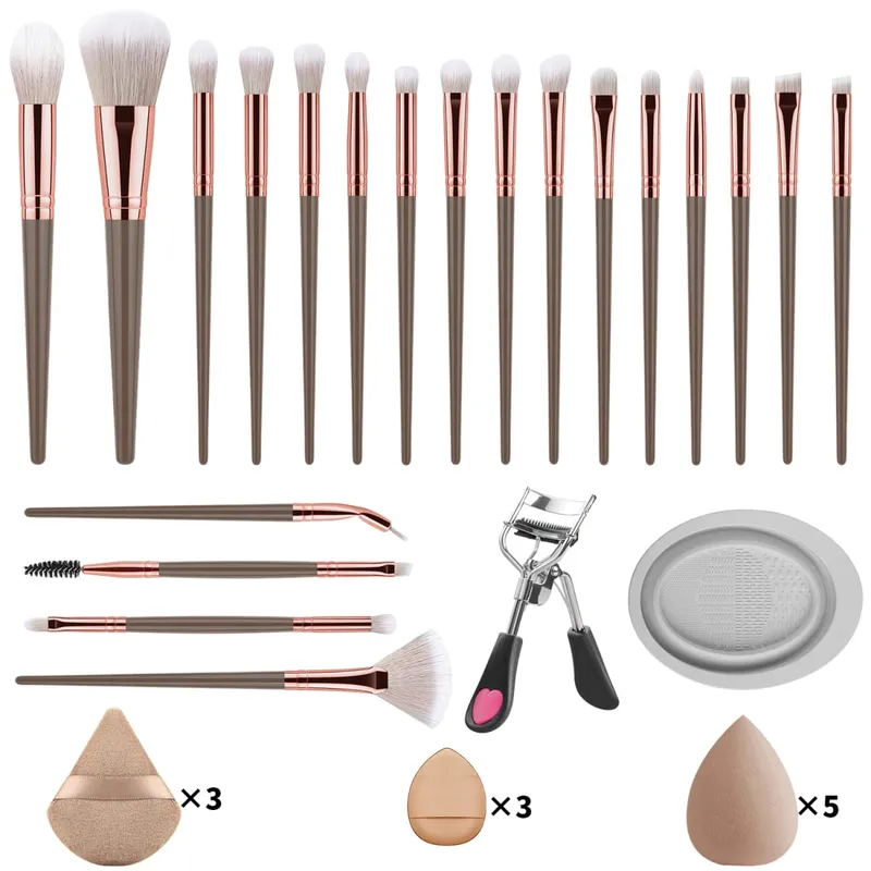 33Pcs Makeup Tool Kit 20 Makeup Brushes With Powder Puff Cleaning Bowl Eyelash Curler Full Face Eye Makeup Set