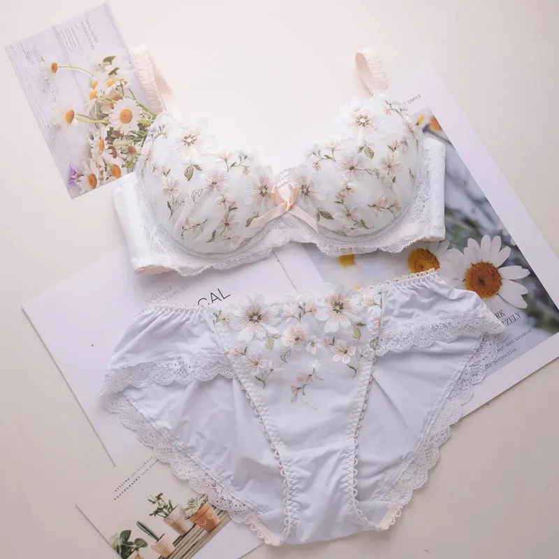 Conjunto de sutiã feminino bordado fino estilo japonês com armação macia doce fofo copo grande sutiã e calcinha conjunto de lingerie