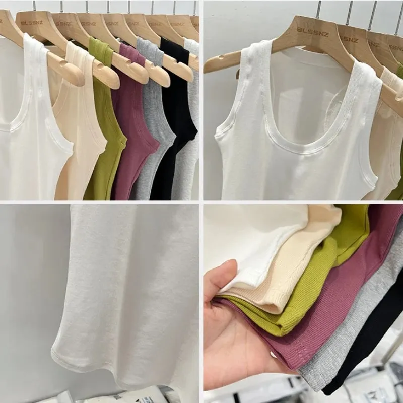 2026 verão básico elástico tanque superior feminino sólido baixo em torno do pescoço com nervuras camisola estilo coreano versátil magro tanques & camis