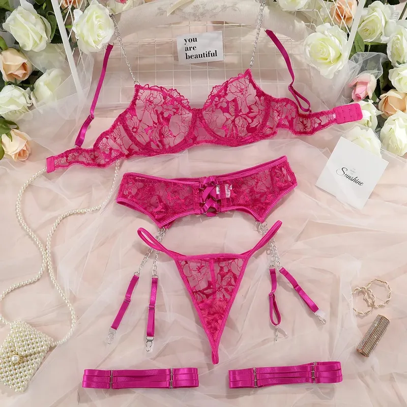 Solid Mesh Embroidered Lingerie Set Women's Thin Chain Exotic Apparel Suit with Garters Hollow Cross Underwear Four Pieces Set