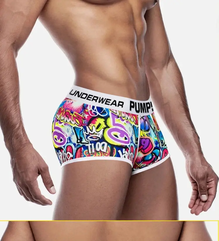 1 pçs masculino algodão mistura de náilon boxer briefs all-over graffiti impressão ampla cintura elástica não-apertado moda esporte roupa interior