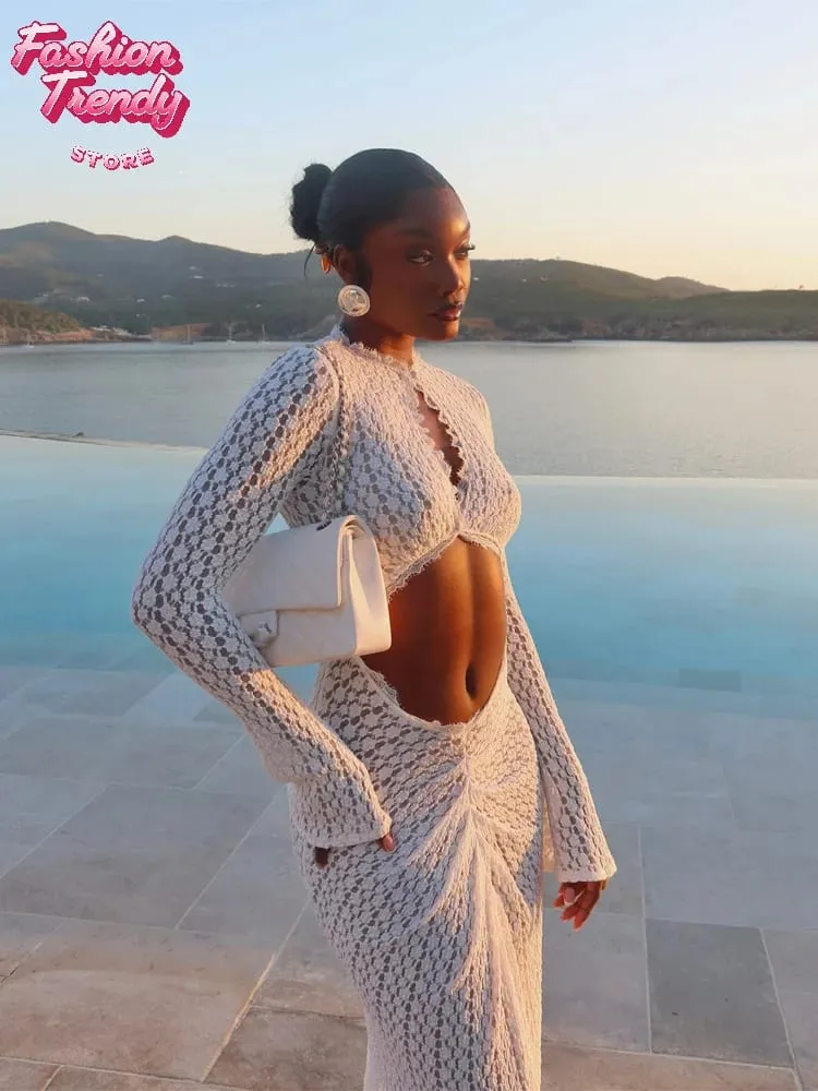 Moda oco-out rendas retalhos vestido feminino sólido o-pescoço manga longa plissado bodycon maxi vestidos de verão senhora vestido de férias — image 3
