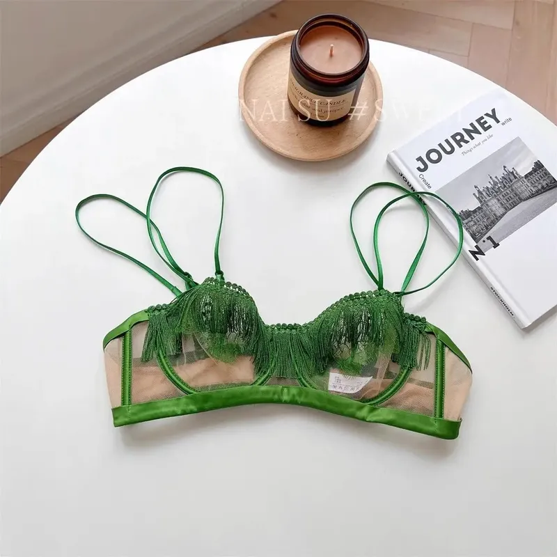 Premium Sheer Mesh Bra Set Fringed Lace Half-Cup Minimizer Ultra-Thin Luxury Lingerie Full Bust Coverage Slim Silhouette