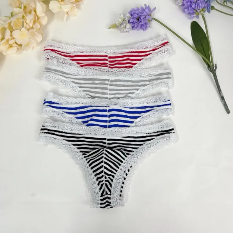 Homens rendas guarnição listrado g-string roupa interior meia coberta bunda baixa cintura respirável sexy u bulge bolsa confortável tong — image 5