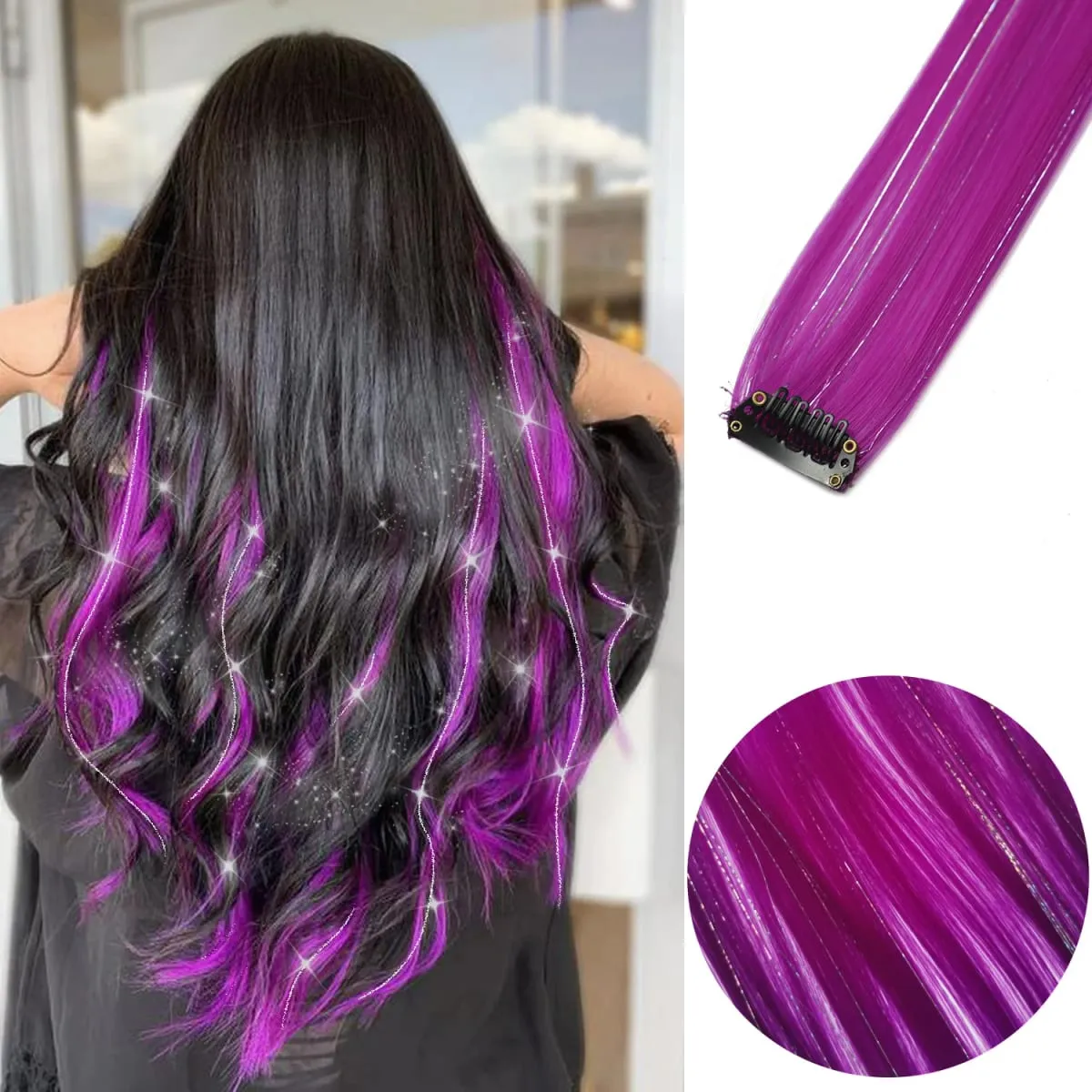 6 unidades/pacote colorido festa destaques clipe em extensões de cabelo 22 polegadas multi-cores cabelo liso sintético postiços — image 36