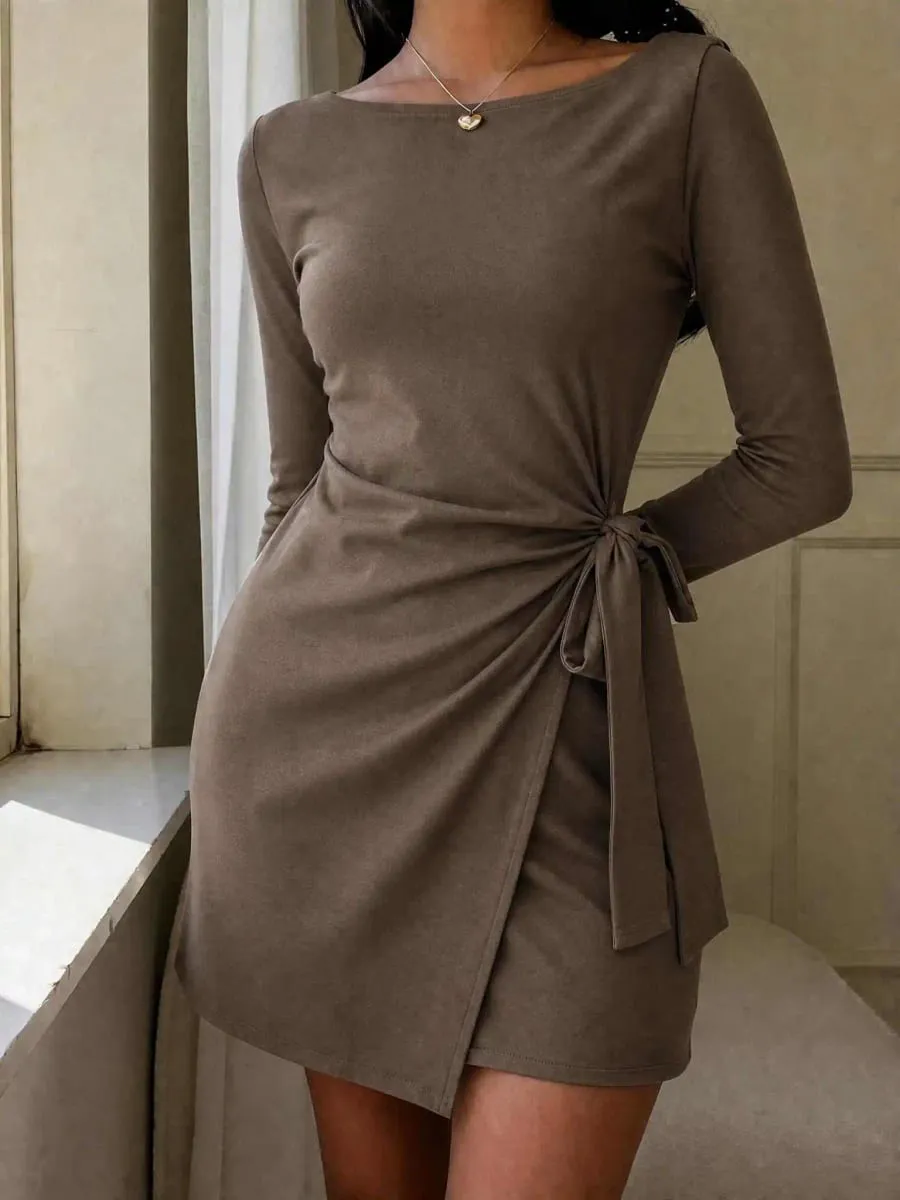 Férias cruzadas com cordão elegante casual de cor sólida, minivestidos femininos, vestidos de outono para mulheres