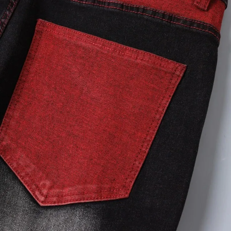 Calça jeans stretch preta masculina para primavera e outono com detalhes vermelhos rasgados, tamanhos asiáticos 28–42.
