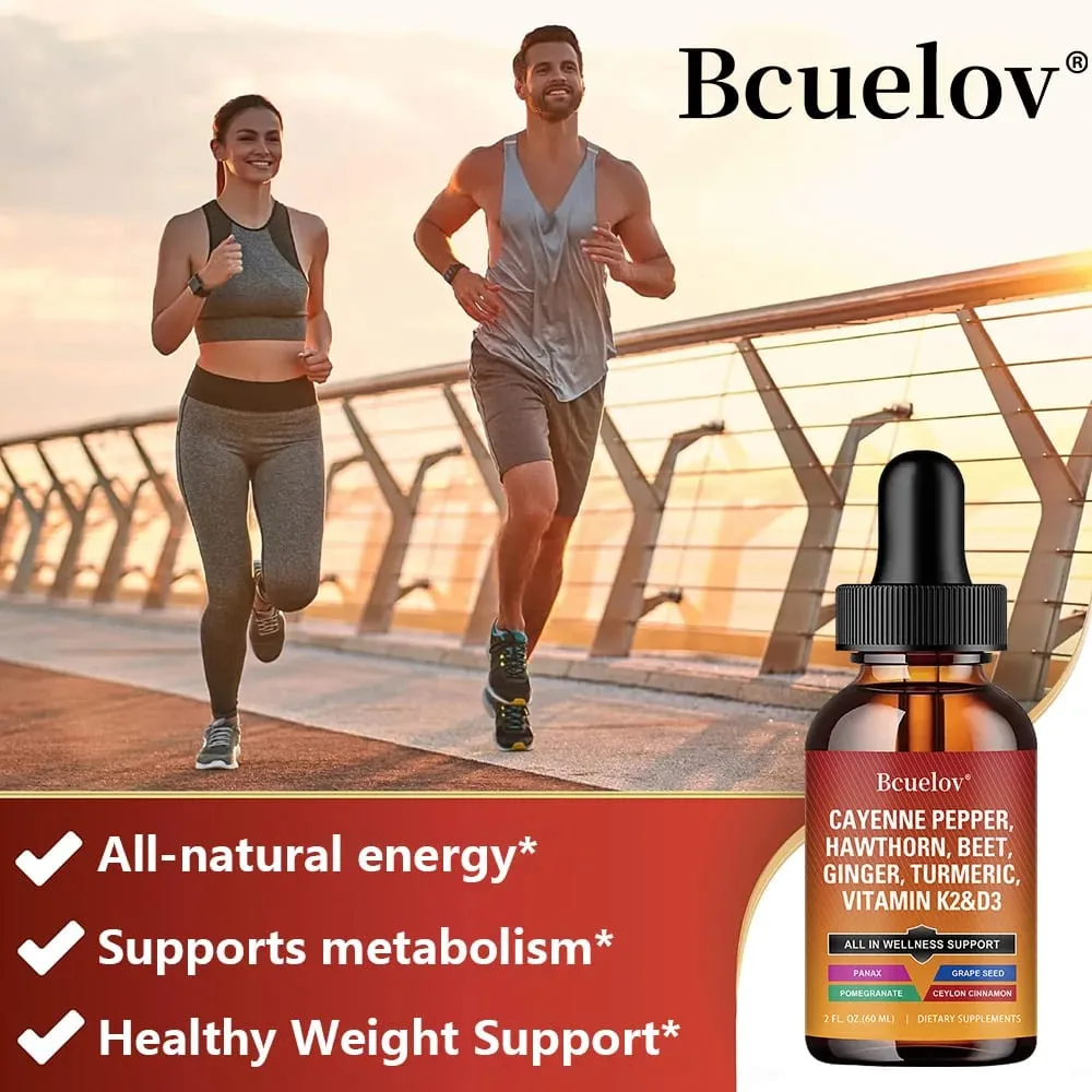 Cayenne Pepper Liquid Drops + Hawthorn Vitamin D3 K2 Ceylon Cinnamon Turmeric Organic Ginseng Supplement for Gut Health