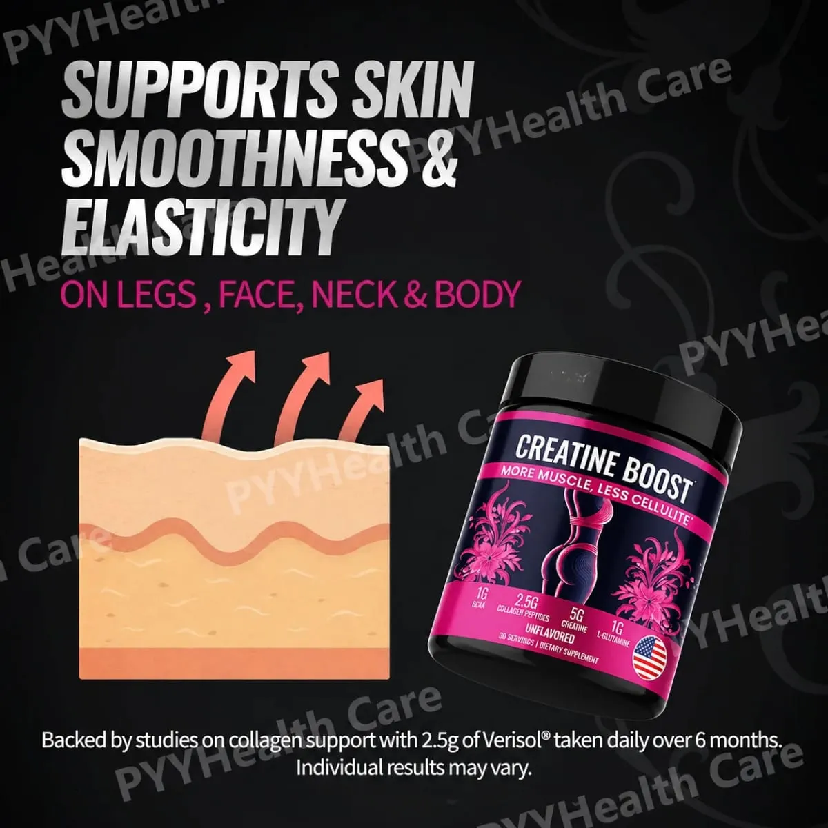 Suplemento de creatina para mulheres Booty Builder com colágeno e BCAA apoia o desenvolvimento muscular, elasticidade de recuperação pós-treino