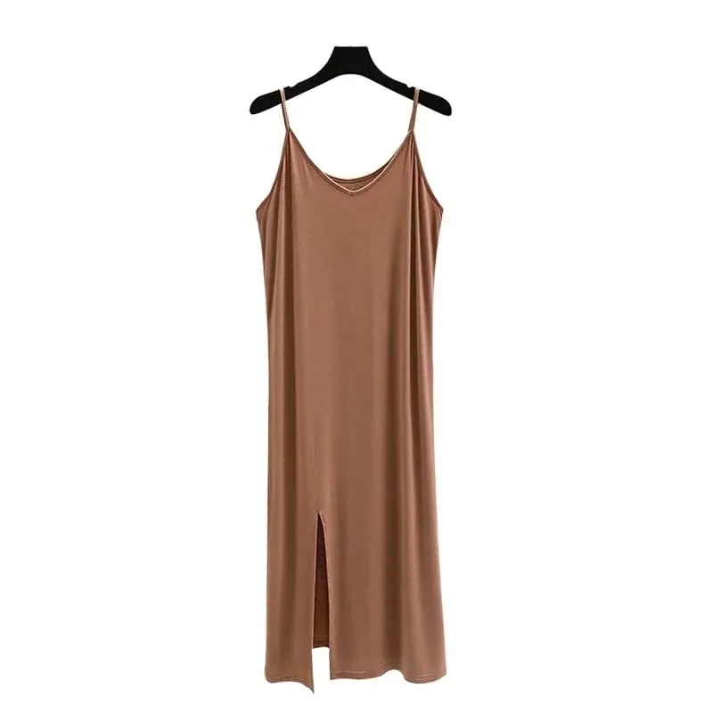 Vestido feminino modal completo deslizante, roupa íntima, alça longa, sólida, camisola, anágua interna, íntima
