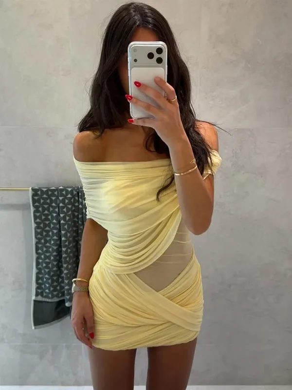 Elegante amarelo sem alças plissado vestido longo feminino chique sólido sem mangas cintura cinching split vestido 2026 senhora festa de noite robes