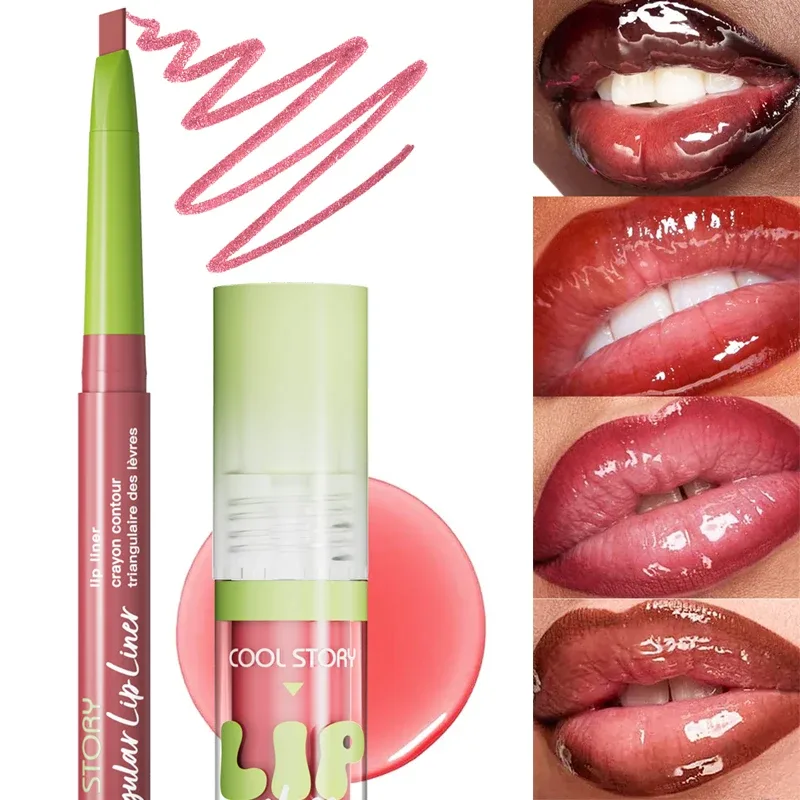 2 pçs delineador labial gloss conjunto 2 em 1 batom suave lábios contorno kit de maquiagem fosco lipliner para mulheres plumping óleo combinação cosméticos