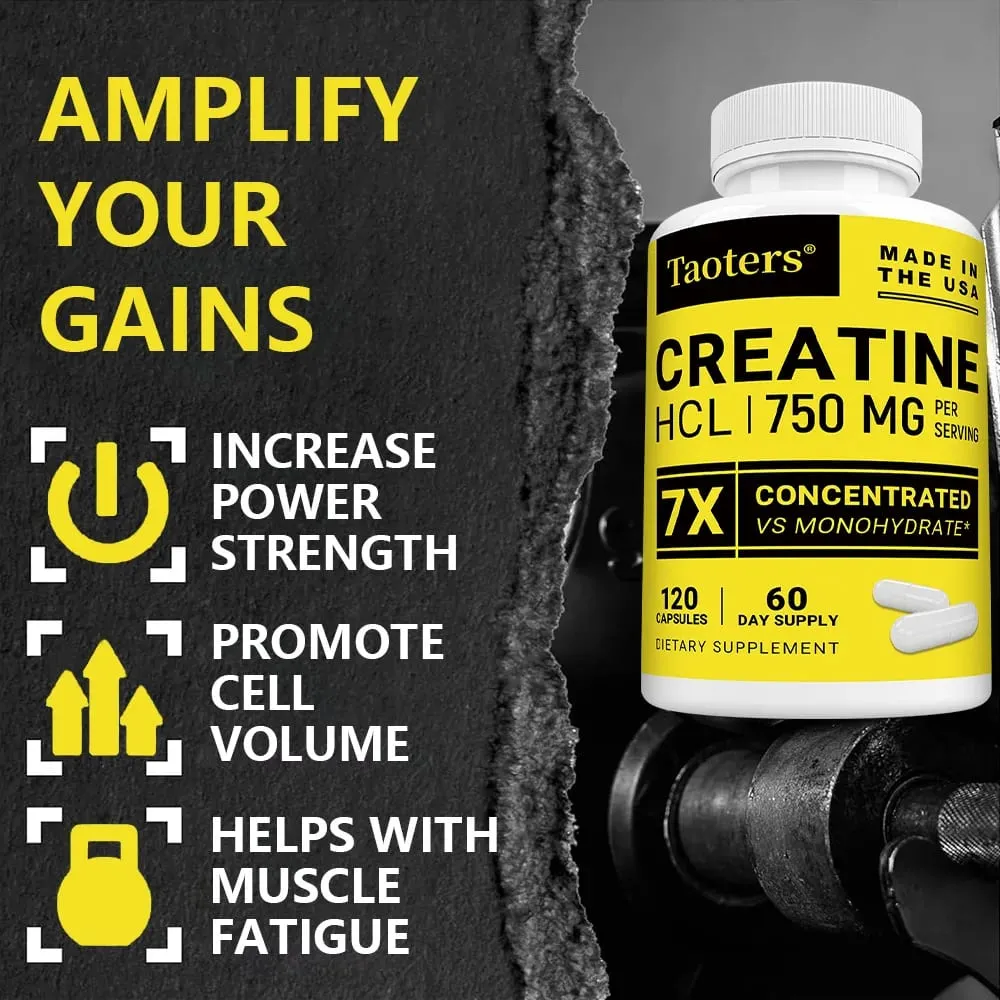Cápsulas de creatina HCl aumentam a força muscular, foco, resistência, energia, suporte ao metabolismo, saúde cognitiva e cardíaca, não-OGM