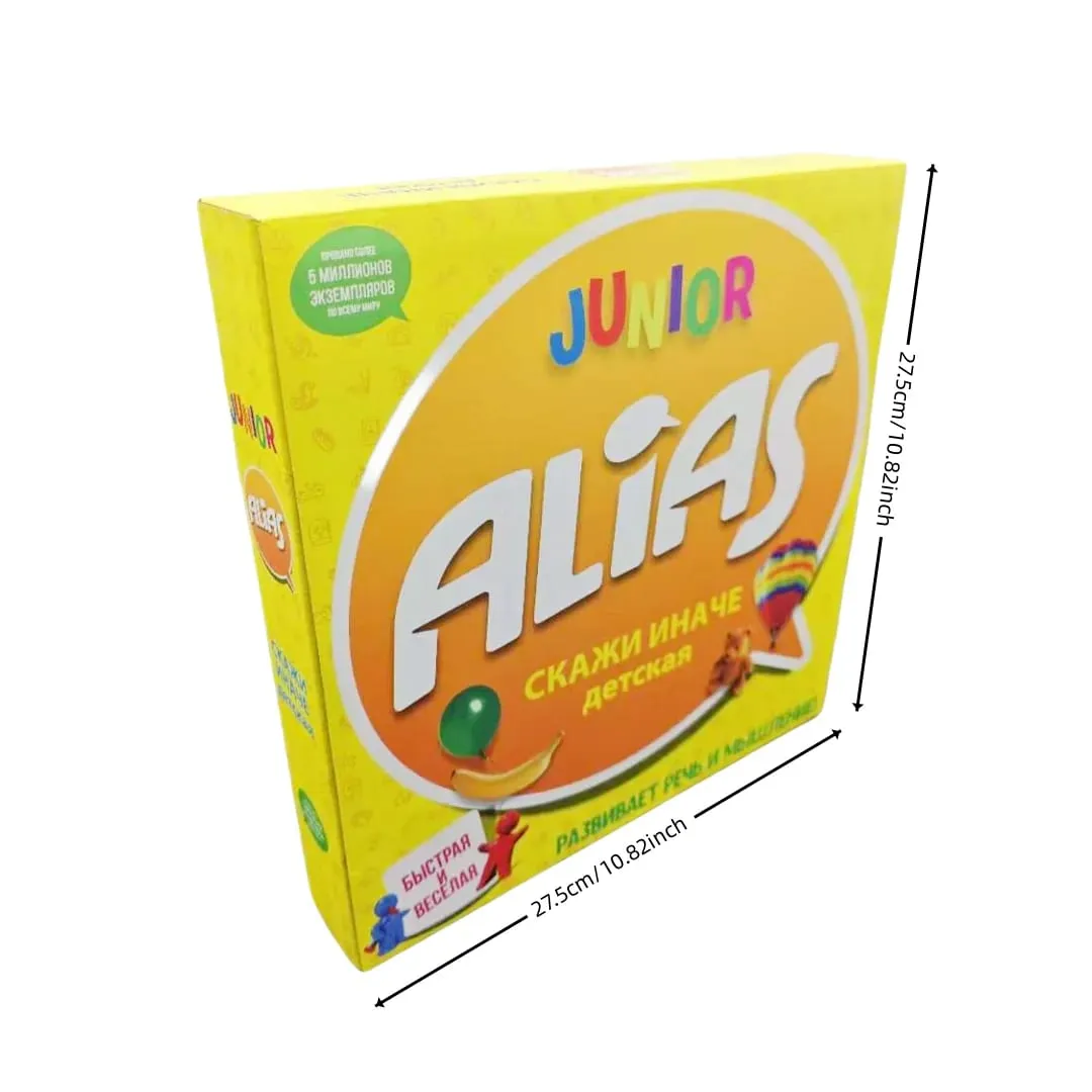Versão russa do jogo de cartas 'Alias ​​Junior', um jogo de mesa interativo perfeito para grupos grandes e noites de jogos em família!