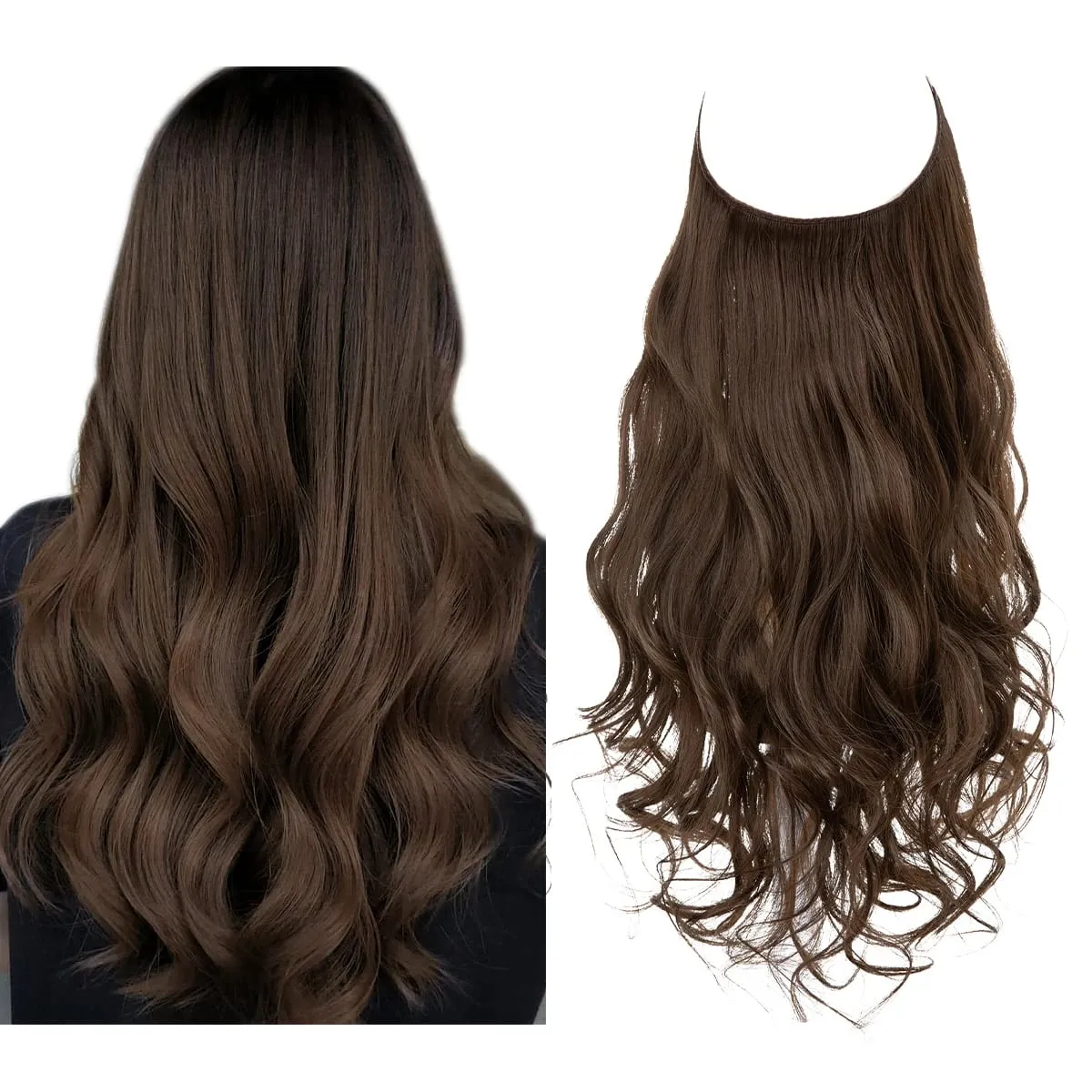 Nice Premium Synthetic Invisible Wire With Clip In Hair Extensions Daily Use Hairpieces Long Brown Natural Wavy Fake Hair piece