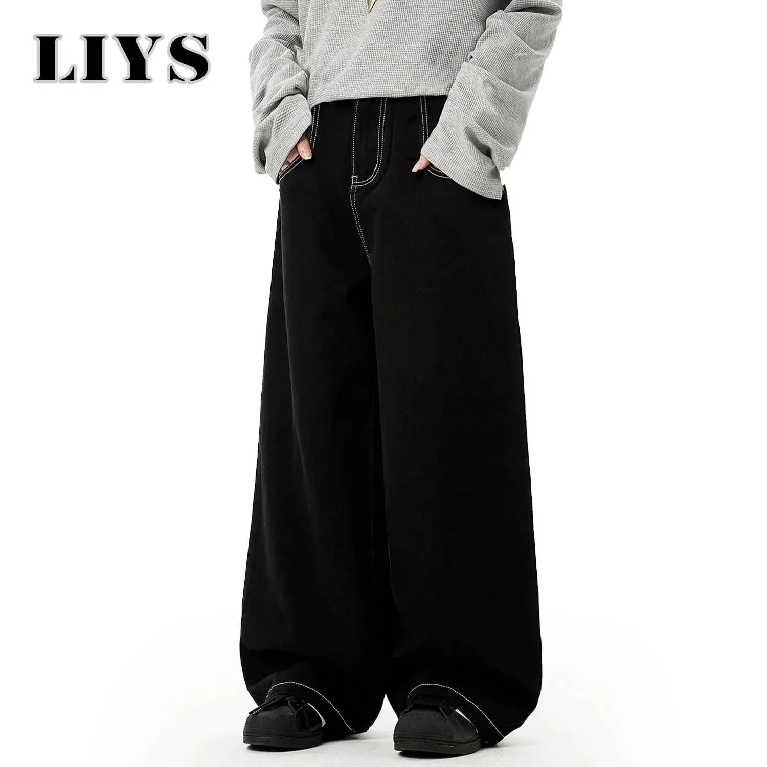 Spring Summer Men's Retro Black Baggy Wide Leg Jeans American Basic Unisex Daily Casual Denim Pants Women's Black Stacked Jeans