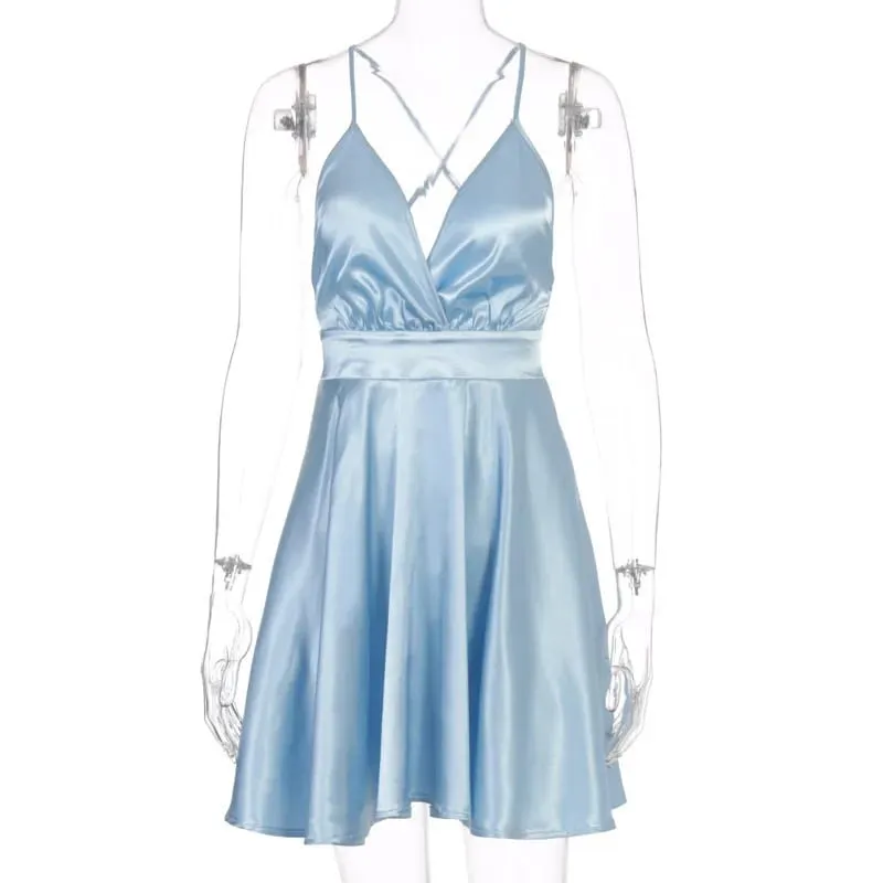 Verão sexy 2000s europeu e americano cor sólida com decote em v arco high street estilo vintage emo cinta vestido cinta a linha curto dres — image 7