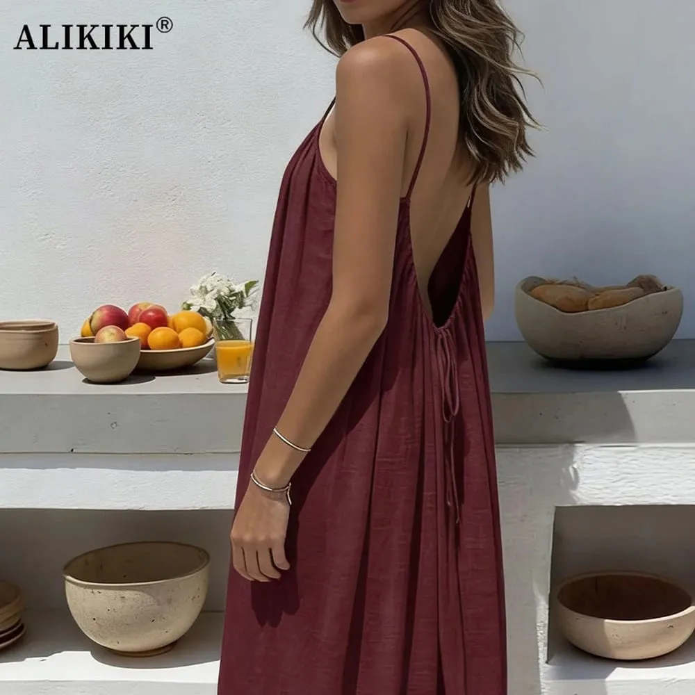 Vestidos cami sem costas abertos, vestido de salão com alça espaguete, sem mangas, vestido de casa longo, férias, praia