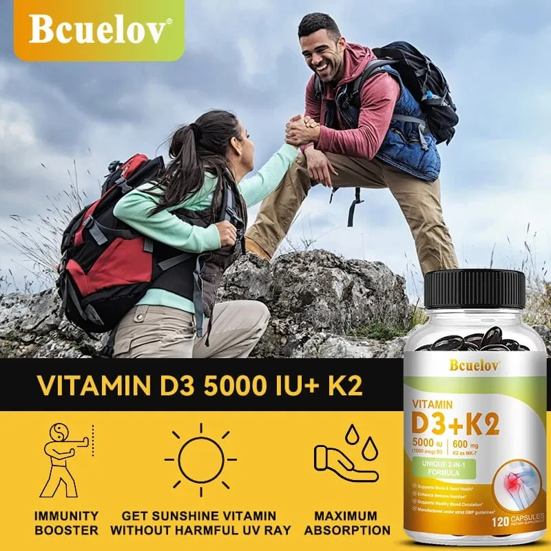 Bcuelov Vitamina D3 + K2 5000 UI Vitamina D3 fórmula não OGM fácil de engolir suplemento dietético complexo de vitamina D e K — image 6